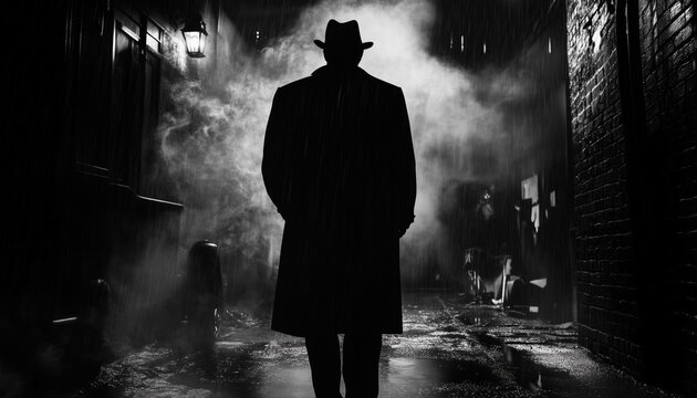 Retro noir movie scene, gangster silhouette  walking down the street