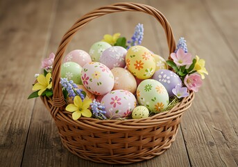 Colorful Easter Eggs in a Wicker Basket Surrounded by Vibrant Spring Flowers on a Wooden Surface.