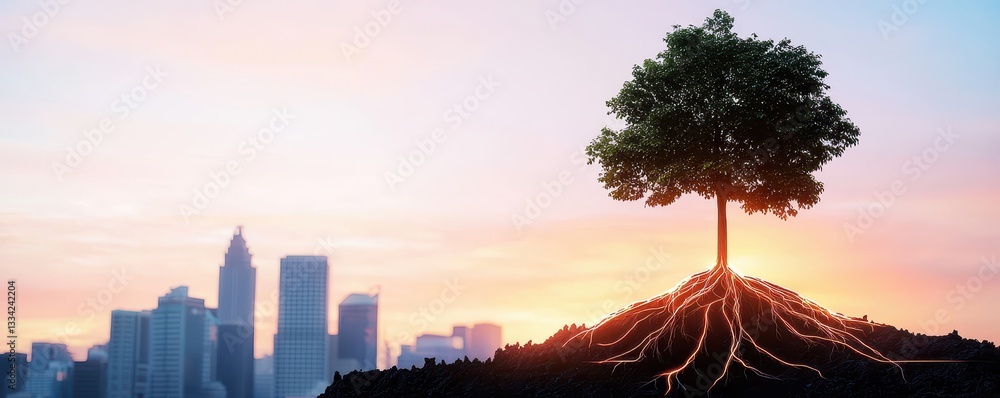 Aufkleber a vibrant tree stands tall with visible roots against a city skyline during sunset, symbolizing the 