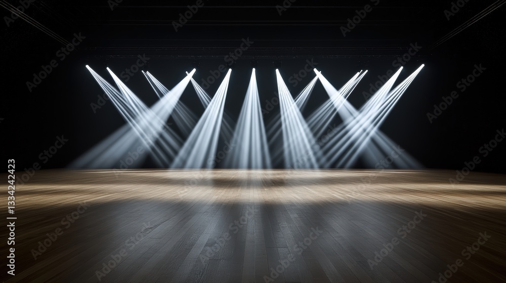 Poster a stage illuminated by multiple beams of light, creating a dynamic and dramatic atmosphere perfect f