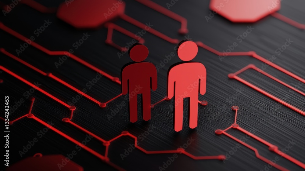Aufkleber two abstract human figures in red stand on a circuit-like black background, symbolizing technology a