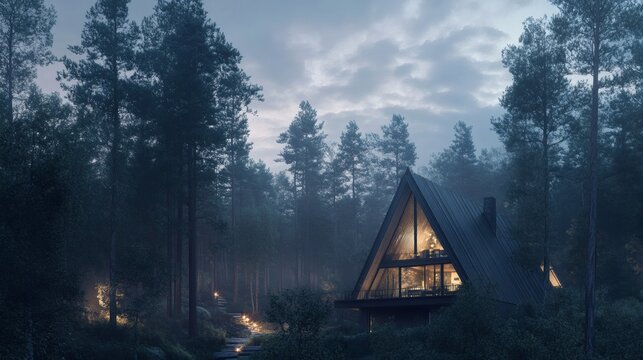 A modern cabin nestled among tall trees in a misty forest - Powered by Adobe