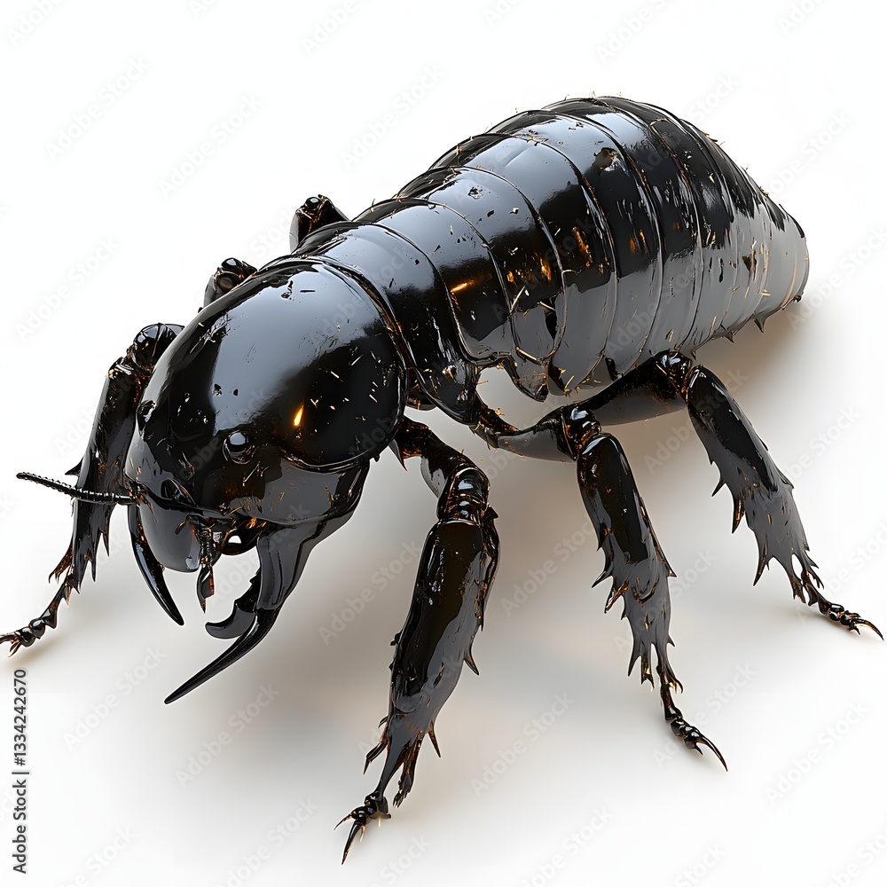 Poster a detailed 3d render of a black, shiny insect with a polished exoskeleton. the insect is shown in a 