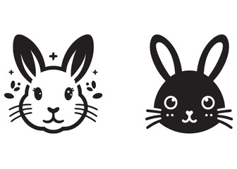 Cute and happy rabbit face silhouette vector, bunny face logo silhouette, rabbit face vector black silhouette, bunny head logo icon silhouette, vector black bunny head isolated on white background 