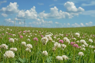 Obraz premium Beautiful White Pink Clover Flowers Meadow Summer Field Landscape Nature Photography Idyllic Pastoral Scene Blooming Wildflowers Sunny Day Lush Green 
