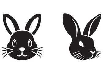 Cute and happy rabbit face silhouette vector, bunny face logo silhouette, rabbit face vector black silhouette, bunny head logo icon silhouette, vector black bunny head isolated on white background 