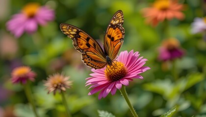 butterfly on flower, Two Vibrant Butterflies on a Pink Flower Amidst Green Foliage