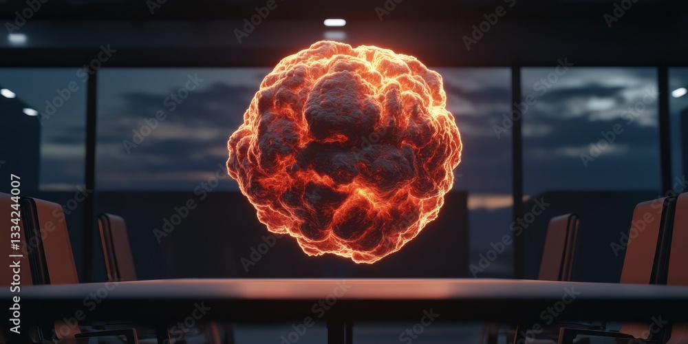 Poster a glowing, fiery orb hovers above a table in a dimly lit room, creating an intense and dramatic atmo