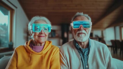 Elderly couple wearing virtual reality glasses sitting in cozy home for entertainment, future technology and immersive experience. Seniors enjoying digital world and innovation together - Powered by Adobe