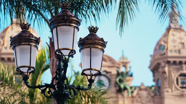 The facade of the Monte Carlo Casino with the blue sky on the background