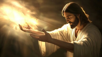 A gentle 3D render of Jesus in a flowing white robe, extending His hands with a warm, glowing aura, radiating peace and compassion in a soft, ethereal atmosphere.