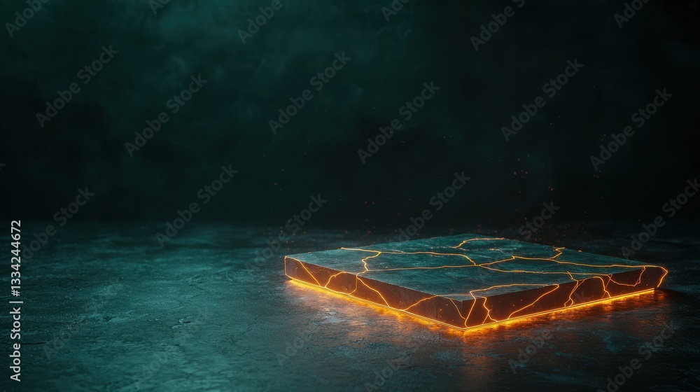 Poster A glowing, geometric object sits on a dark surface, surrounded by an ethereal atmosphere, creating a mysterious and futuristic vibe.