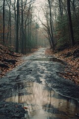 Misty Forest Path: A Serene Autumn Drive