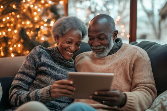 Elderly couple laughing and making a video call on a tablet with Christmas tree lights in the background