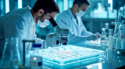 Fototapeta premium Scientists analyzing bioengineered tissue samples under a microscope in a high-tech laboratory, advancing biotechnology and regenerative medicine. Concept of medical innovation, tissue engineering, an