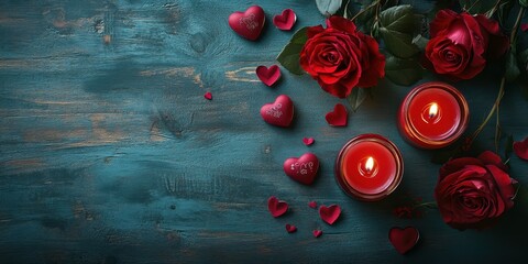 Romantic candlelit arrangement with roses and hearts for a special occasion