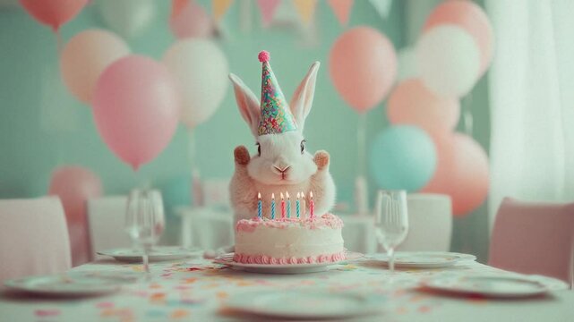Rabbit with party hat sitting at birthday table with cake and candles for celebration, festivity and surprise. Cute bunny in decorated room with balloons, flags and sweet dessert