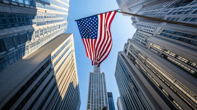 An American Flag Floats Above Tall Buildings In The City