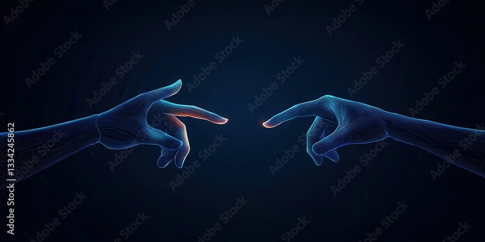 Poster Two hands reaching out towards each other, surrounded by a dark background, symbolizing connection and interaction.