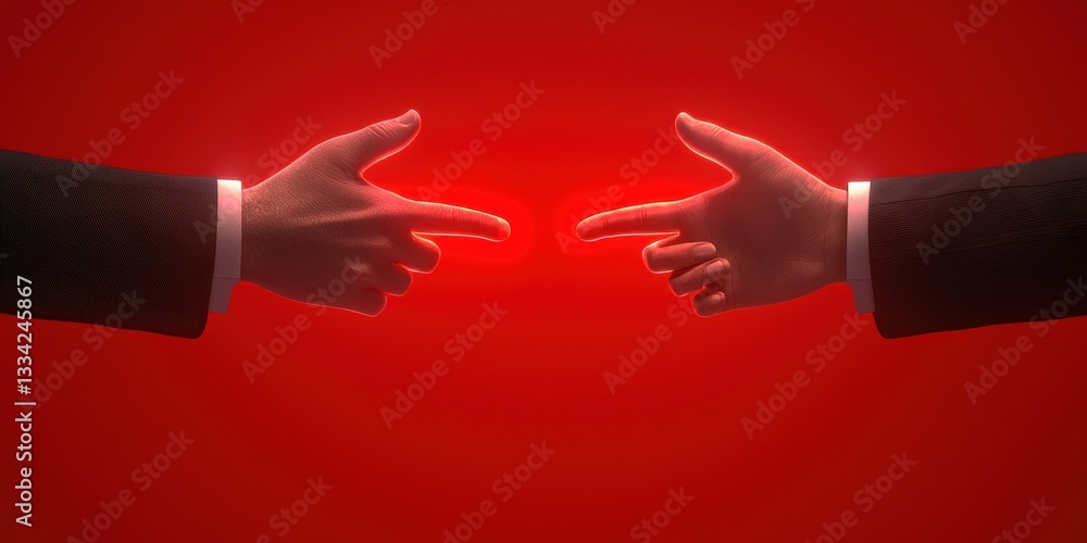 Poster two hands reaching toward each other against a vibrant red background, symbolizing connection and co