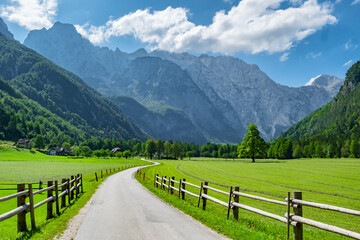 Idyllic scene with a rural road in the Alpine landscape, Logar Valley, Slovenia © Mazur Travel