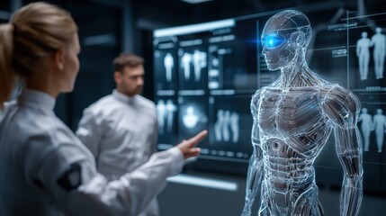 A futuristic scene where a scientist interacts with a holographic human figure, showcasing advanced technology in a lab setting.