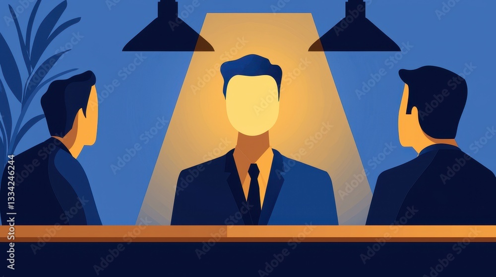 Aufkleber A stylized illustration of three men in suits at a table, with one illuminated in the center, suggesting a formal discussion or interview setting.