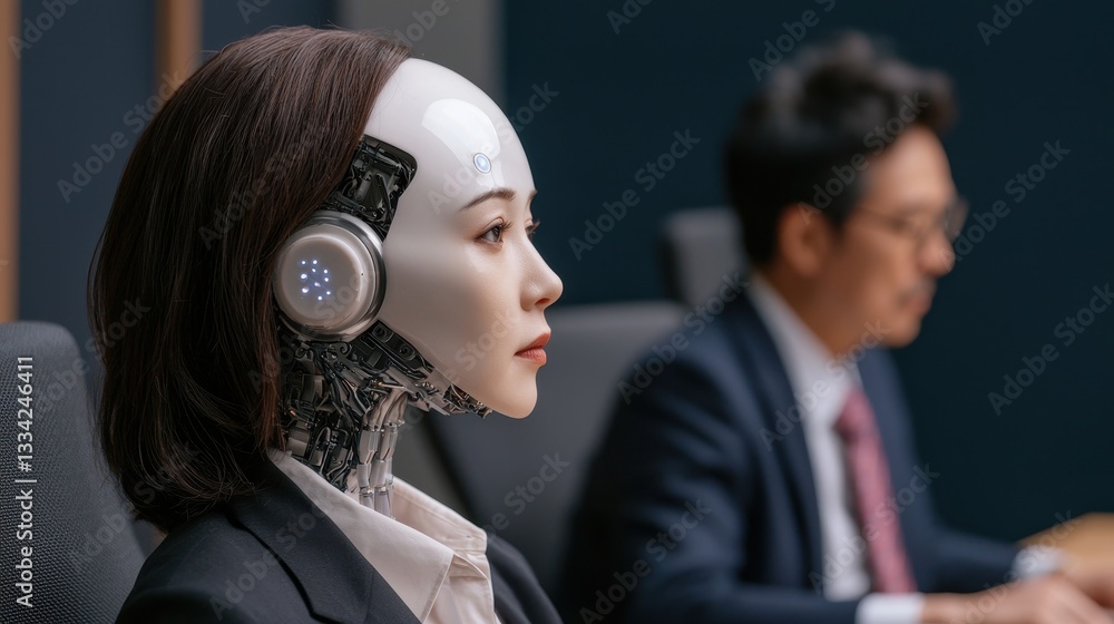 Poster a humanoid robot with headphones sits in a meeting alongside a person, showcasing advancements in ai