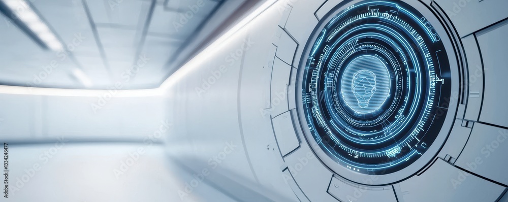 Poster a futuristic circular interface embedded in a sleek, minimalist wall, suggesting advanced technology