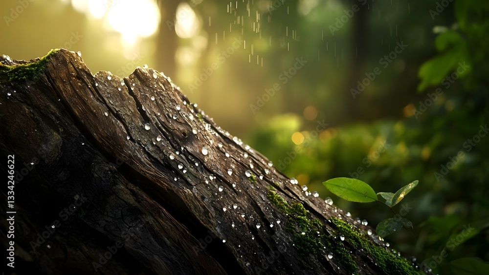 Poster a close-up of a moss-covered log with water droplets, illuminated by soft sunlight filtering through