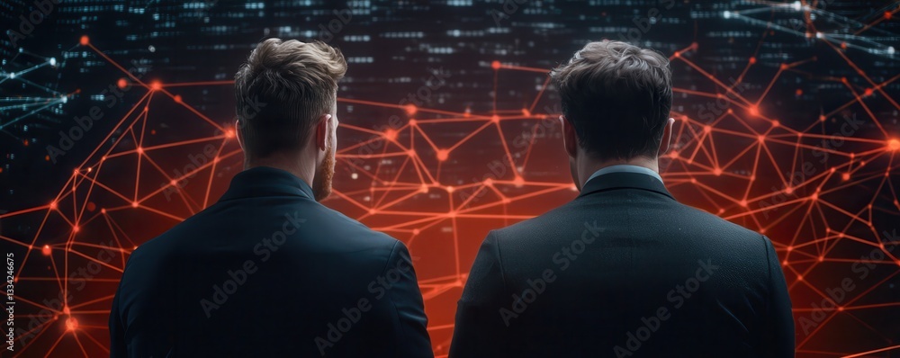 Aufkleber Two individuals in suits observe a glowing network of interconnected nodes, symbolizing technology and connectivity.