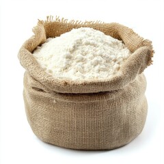 A burlap sack holds isolated white rice grain, a natural food ingredient