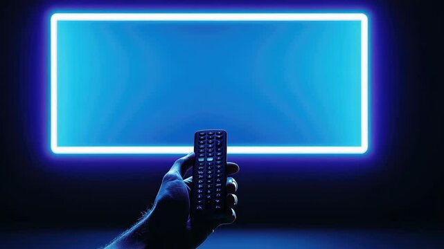 Futuristic Hand Holding Remote Control Points Towards Glowing Blue Screen Immersive Digital Technology and Vibrant Light in Modern High Tech Environment