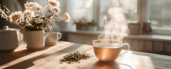 A steaming cup of tea on a wooden table bathed in warm sunlight, with fresh tea leaves and a cozy natural ambiance
