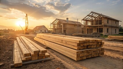 Fototapeta premium Stacked wooden beams on a construction site during sunset, essential material for building wooden houses and framing projects