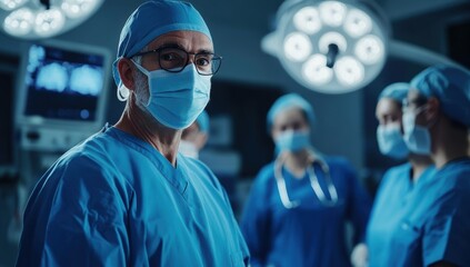 senior male surgeon wearing blue scrubs mask and cap standing confidently in a modern operating room with bright surgical lights and medical team in the background