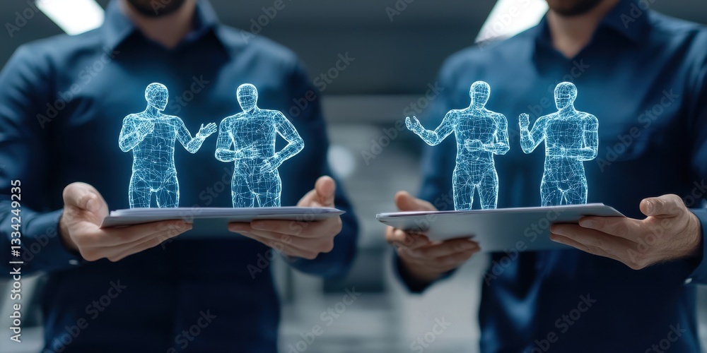 Aufkleber two individuals holding tablets displaying holographic figures in a modern tech environment, illustr