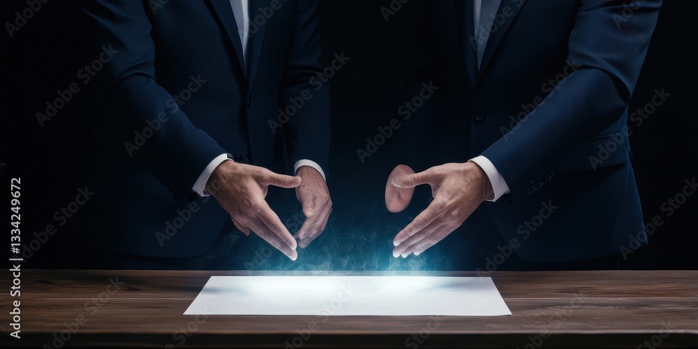 Poster Two suited individuals create a glowing effect above a paper on a table, suggesting innovation or collaboration in a dark setting.