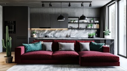 Modern apartment living room, sectional sofa, open kitchen, city view