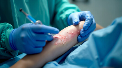Medical professional treating a severe burn wound on a patient's arm using advanced biotechnology and regenerative skin therapy in a clinical setting. Concept of medical innovation, wound healing, and