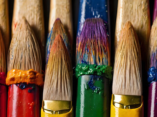 Fototapeta premium Colorful Paintbrushes: A close-up shot of vibrant paintbrushes, each showcasing a unique array of colors and artistic strokes. Evoking creativity and the vibrant world of art.