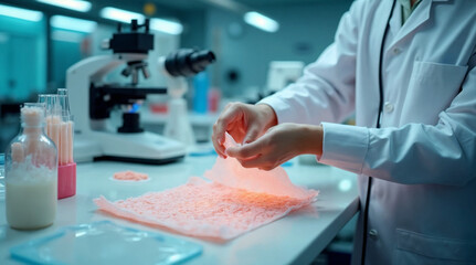 Scientist handling an artificial skin graft in a biotechnology laboratory. Concept of tissue engineering, medical innovation, and regenerative medicine.