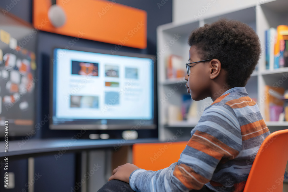 Poster elementary school student presenting science project during virtual class in modern classroom