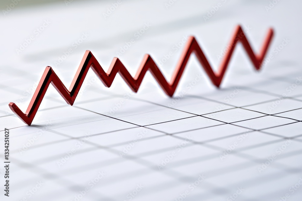 Poster red zigzag graph line on a white grid paper background illustrating fluctuating data trends