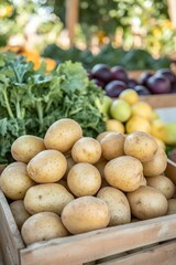 Fresh Organic Potatoes in Wooden Crate at Farmers Market