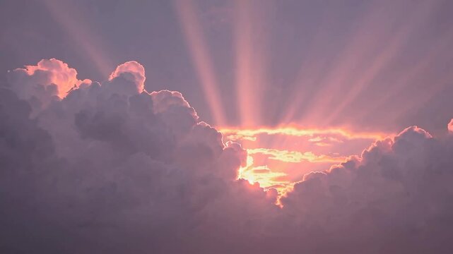 Sunset clouds with pink rays and dramatic sky. Natural phenomenon scenery