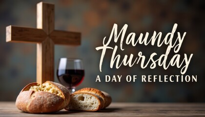 A wooden cross lies beside a glass of red wine and pieces of bread, symbolizing the Christian Maundy Thursday. The scene reflects faith, devotion, and the Last Supper's sacred remembrance