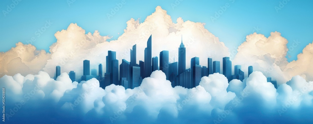 Poster a serene skyline emerges from fluffy clouds against a bright blue sky, blending urban architecture w