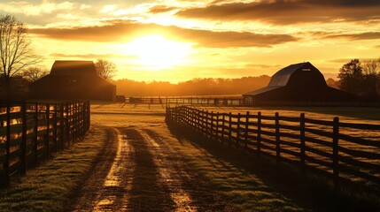 Beautiful rural farmland scene depicts two barns at sunrise in the morning