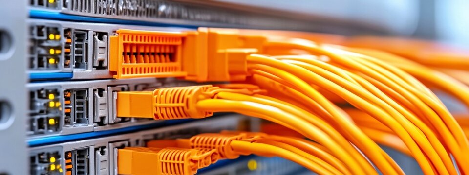 Orange Fiber Optic Cables Connected to Server Rack